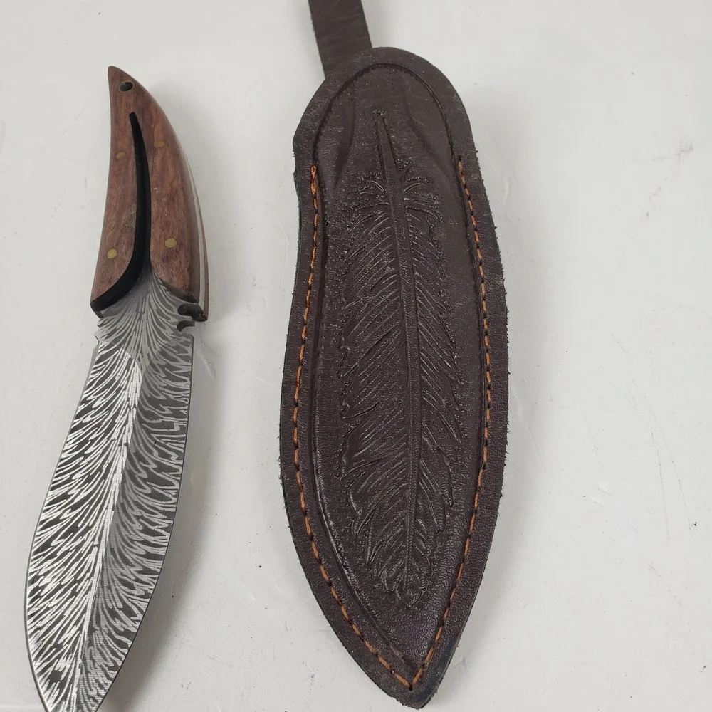 Custom Damascus Steel Feather Blade Hunting Knife Wood Handle Leather Sheath 8in